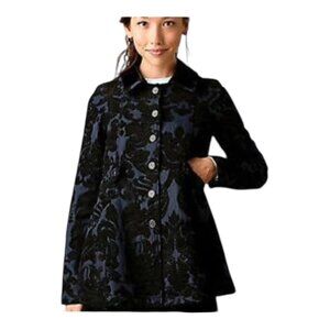 Free People Brocade Newsroom Coat Womens 10 Navy Blue Black Velvet Damask